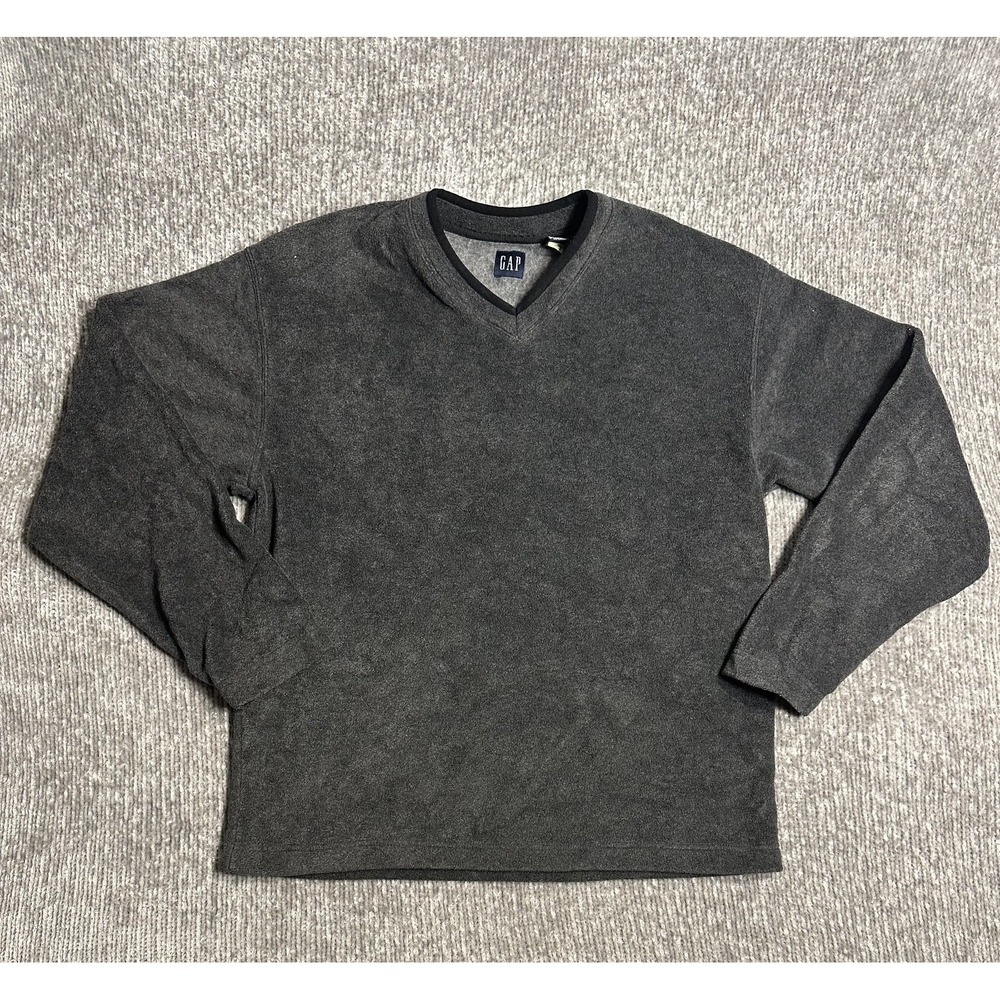 Vintage GAP Gray Fleece V Neck Long Sleeve Pullover Size Large Y2K